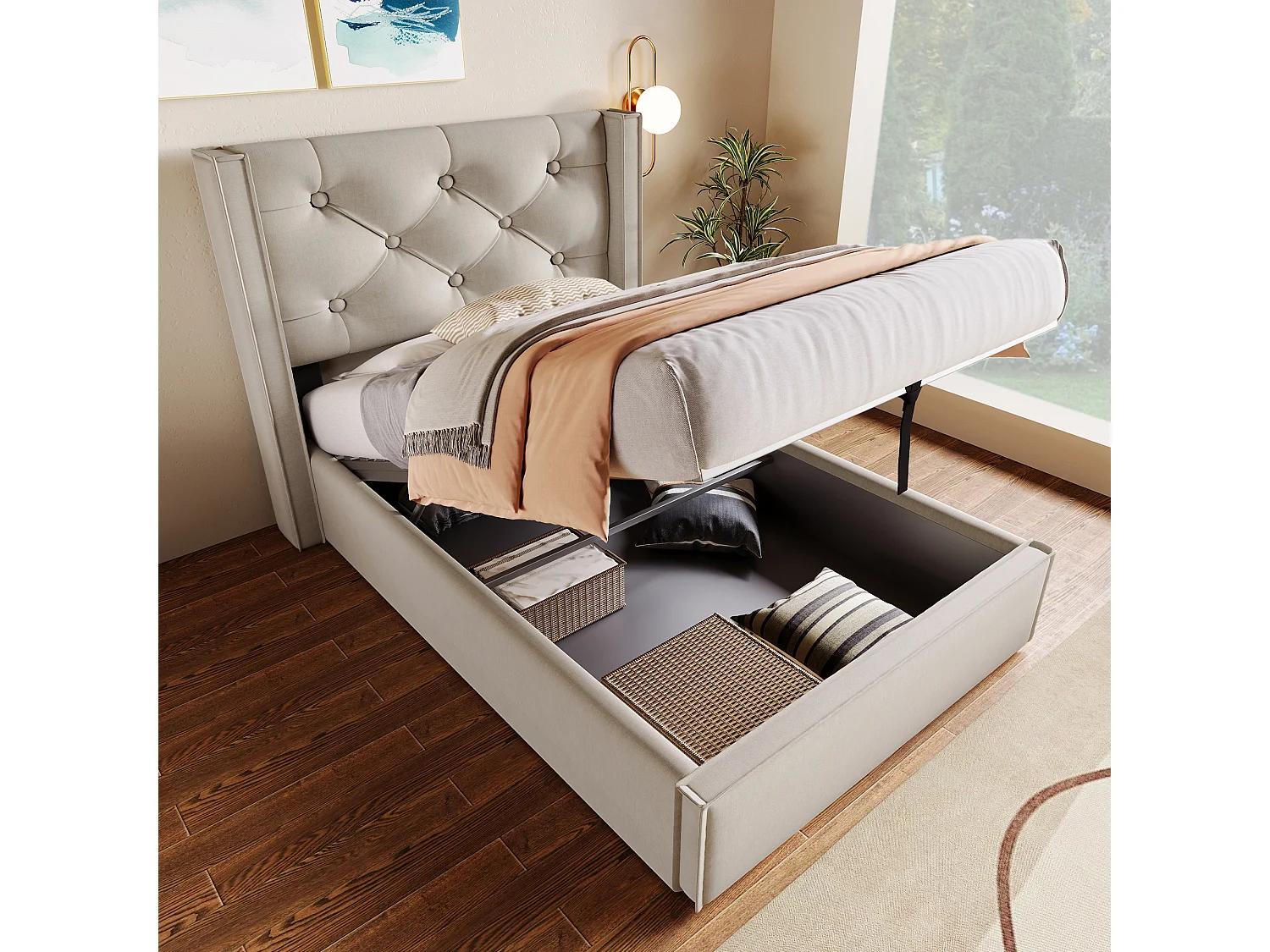 Kinderbed met opbergruimte 90x200cm met lattenbodem - metalen frame en houten latten - katoen - lichtgrijs (zonder matras)