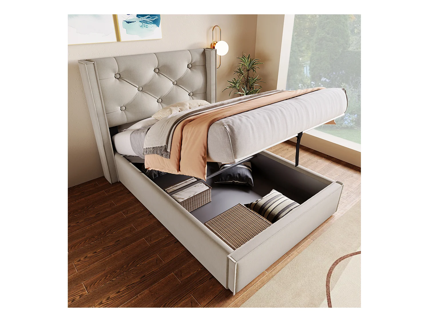 Lit coffre enfant 90x200cm avec sommier à lattes - cadre métalique et lattes en bois - coton - gris clair (sans matelas)
