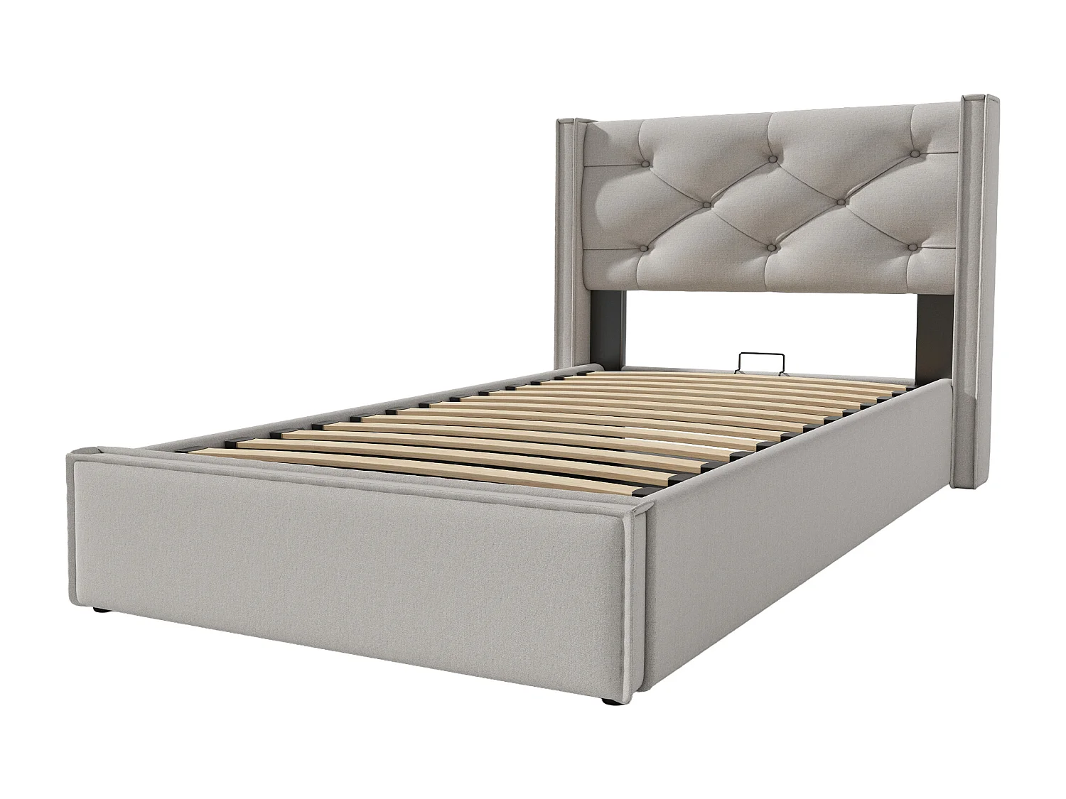 Opbergbed 90x200 cm met gewatteerd hoofdbord, opklapbare lattenbodem, houten latten, katoen, lichtgrijs (zonder matras)