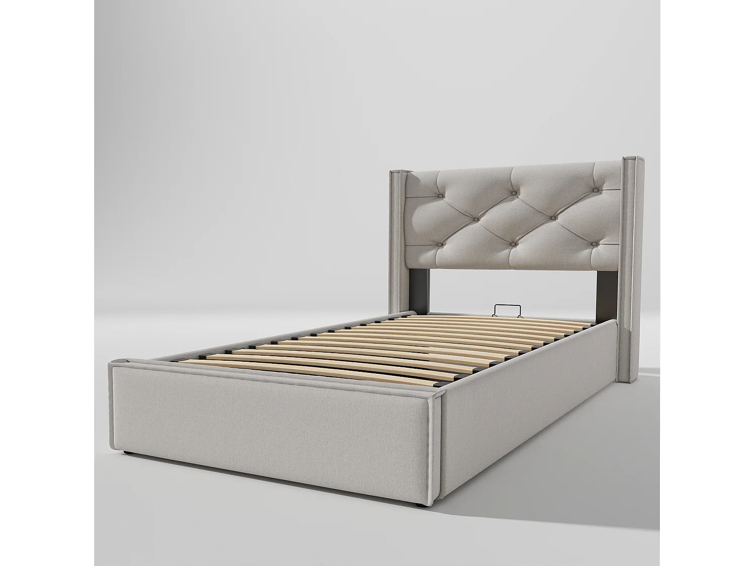 Opbergbed 90x200 cm met gewatteerd hoofdbord, opklapbare lattenbodem, houten latten, katoen, lichtgrijs (zonder matras)