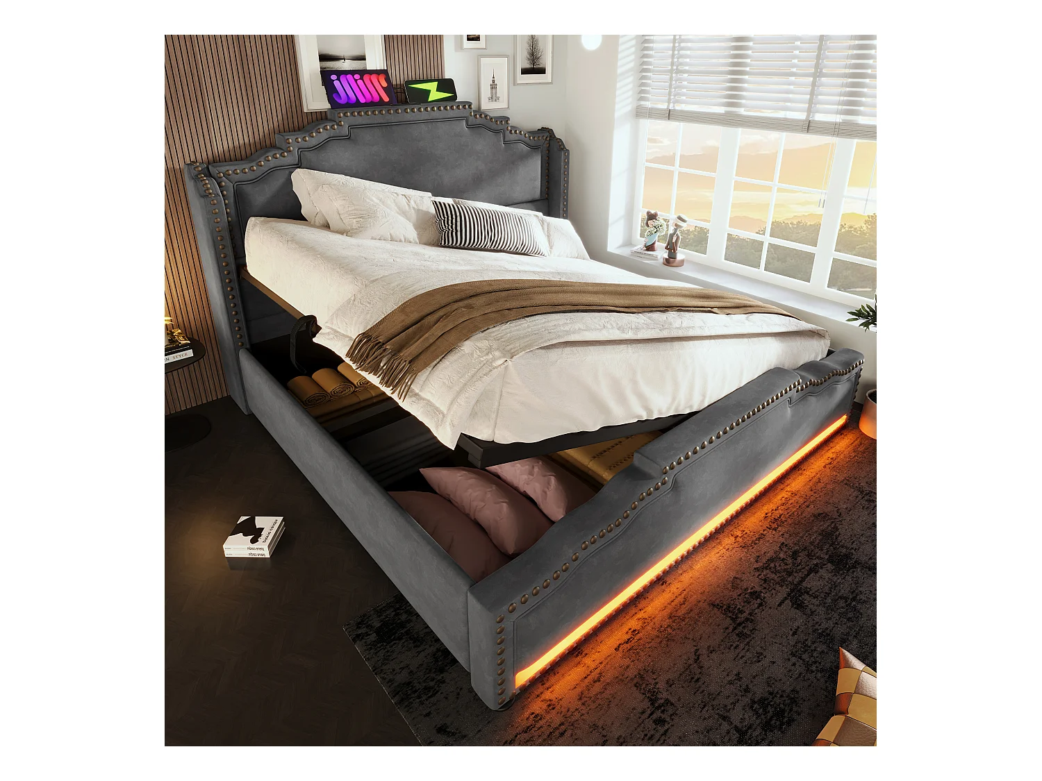 Lit coffre adulte 140x200cm avec sommier - LED et USB-C - cadre de lit - velours gris (sans matelas)