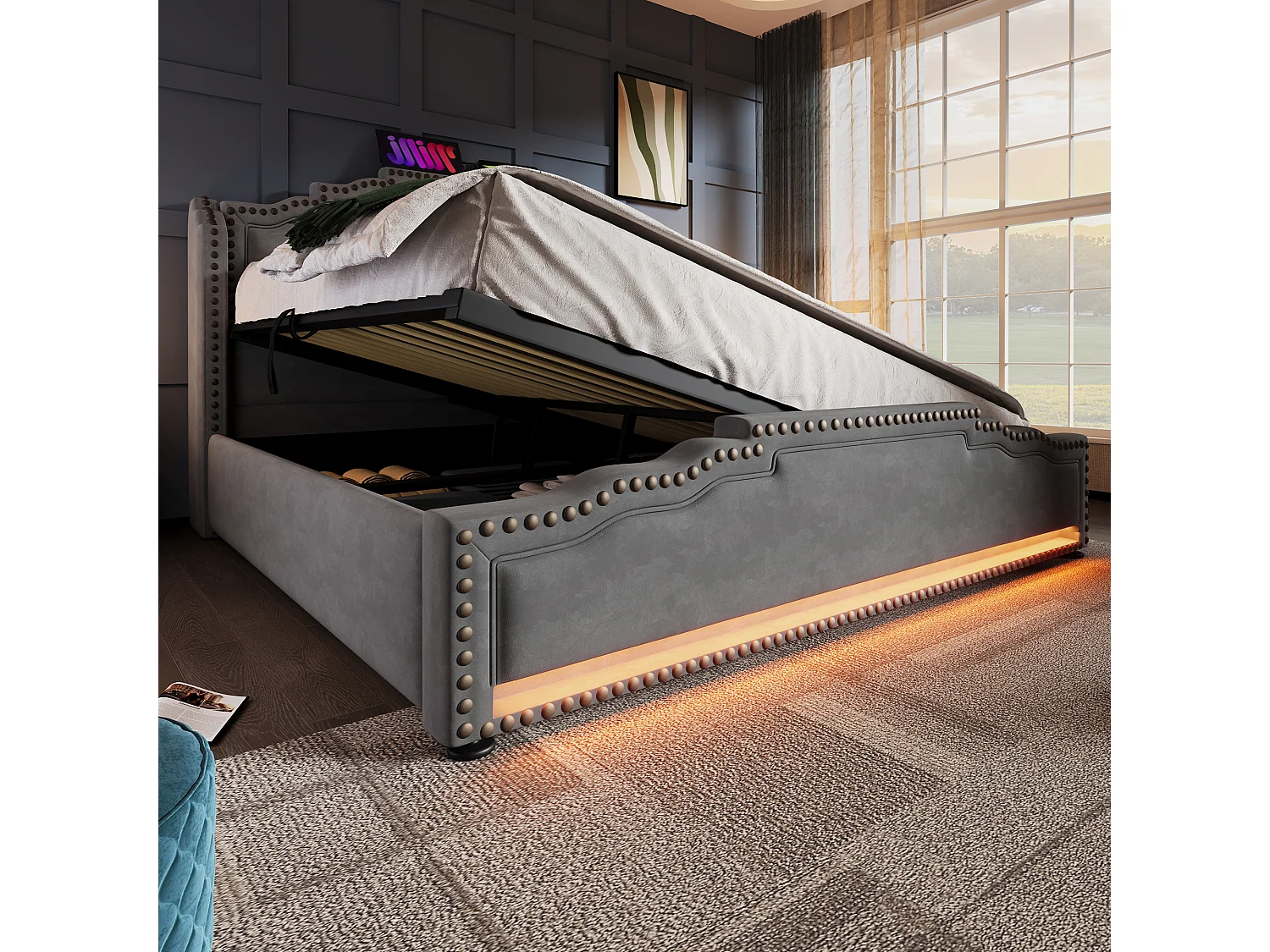 Lit coffre 140x200cm avec sommier - LED et USB-C - cadre de lit - velours gris (sans matelas)