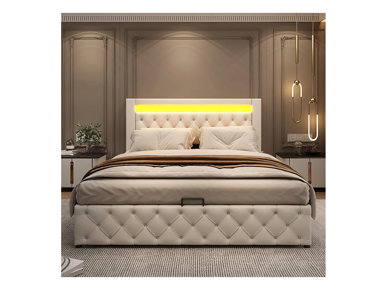Lit coffre 140x200 cm avec sommier en bois - tête de lit capitonnée avec LED - similicuir - blanc (sans matelas)
