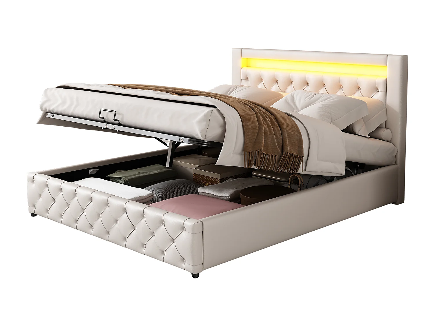 Volwassen opbergbed 140x200 cm met houten onderstel - gestoffeerd hoofdeinde met LED-verlichting - kunstleer - wit (zonder matras)