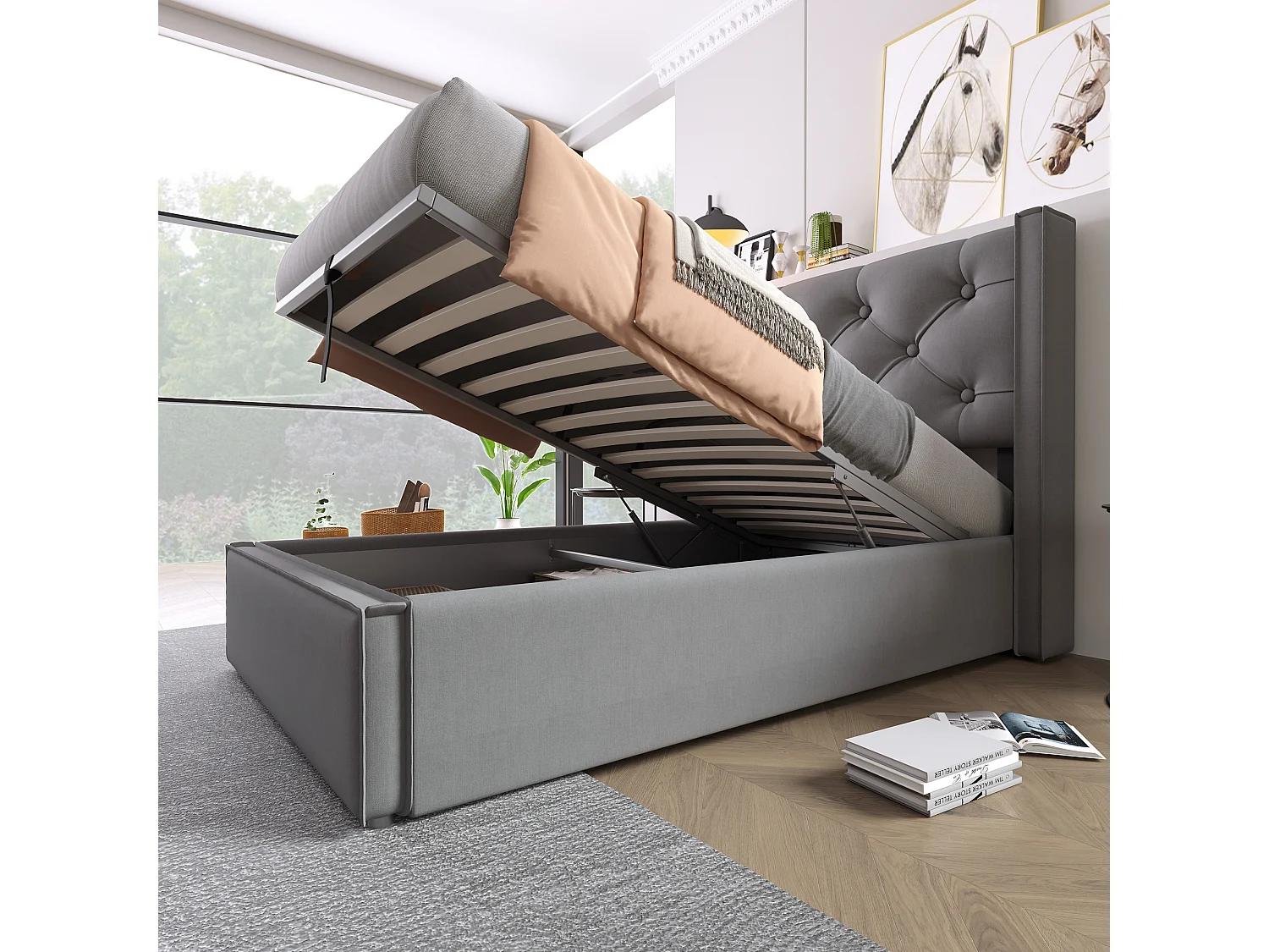 Opbergbed 90x200 cm met gewatteerd hoofdbord en opklapbare lattenbodem, houten latten, katoen, grijs (zonder matras)