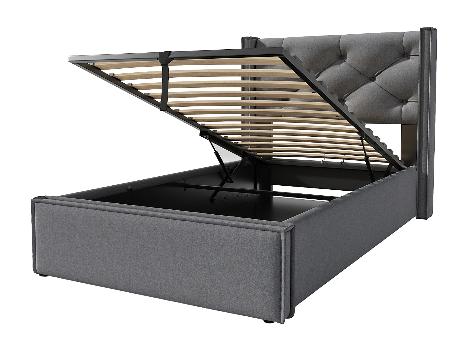 Opbergbed 90x200 cm met gewatteerd hoofdbord en opklapbare lattenbodem, houten latten, katoen, grijs (zonder matras)