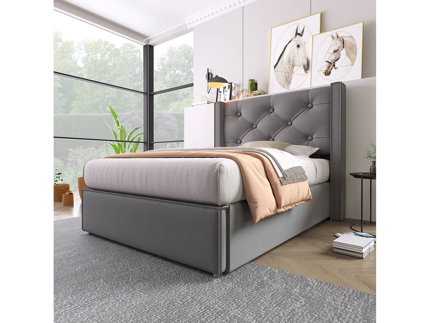 Opbergbed 90x200 cm met gewatteerd hoofdbord en opklapbare lattenbodem, houten latten, katoen, grijs (zonder matras)