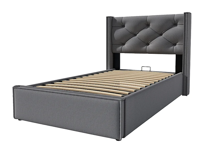 Kinderbed met opbergruimte 90x200cm met lattenbodem - metalen frame en houten latten - katoen - grijs (zonder matras)