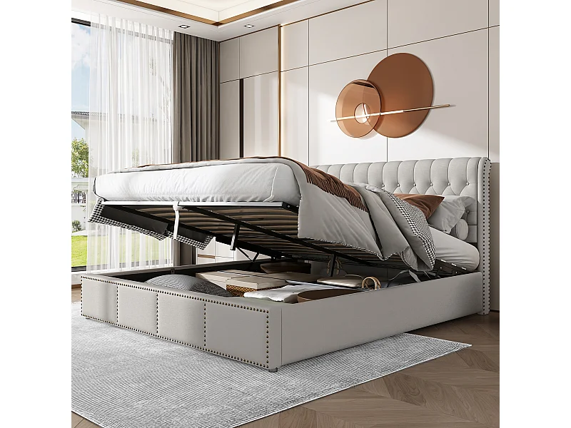 Letto contenitore per adulti 160x200 cm con rete a doghe - testiera imbottita in lino - grigio (senza materasso)