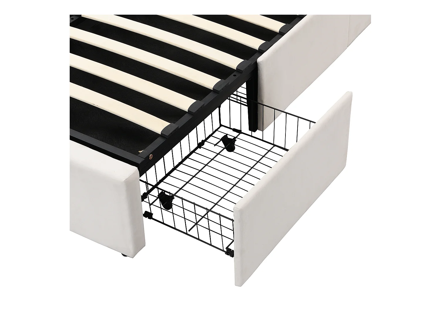 Volwassen opbergbed 140x190 cm met onderstel - gestoffeerd hoofdbord met 3 laden - fluweel - beige (zonder matras)