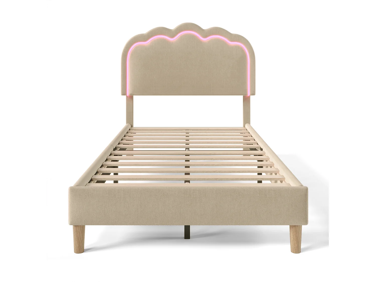 Tweepersoonsbed kinderbed 90x190cm met lattenbodem - verstelbaar LED hoofdbord - houten bedframe - beige fluweel (zonder matras)