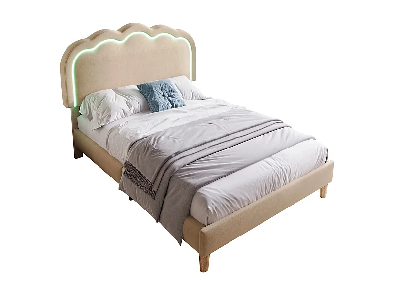 Lit simple 90x190 cm avec tête de lit LED tête de lit réglable, en lin, beige (Sans matelas)