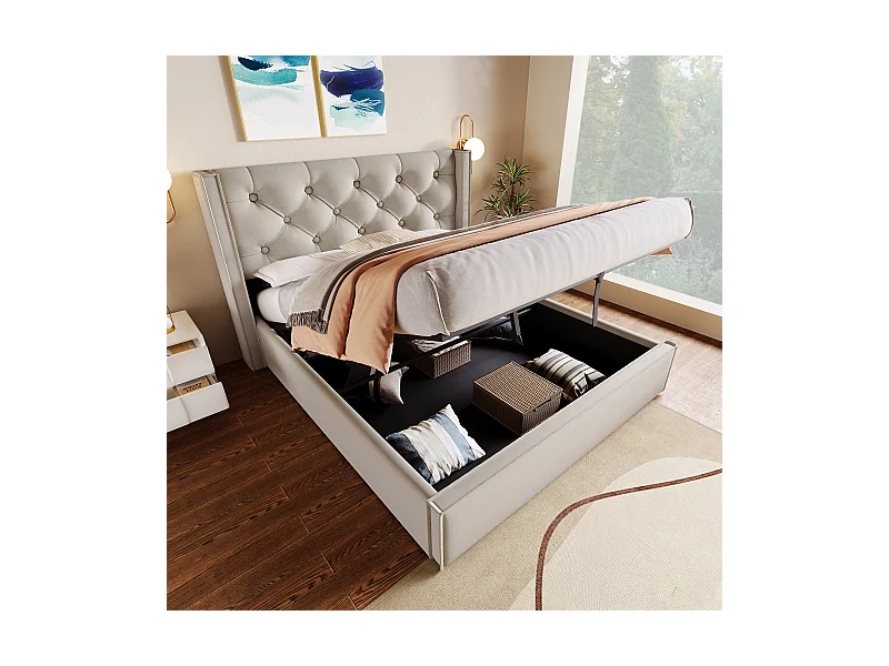 Lit coffre 160x200cm avec sommier à lattes - cadre métalique et lattes en bois - coton - gris clair (sans matelas)