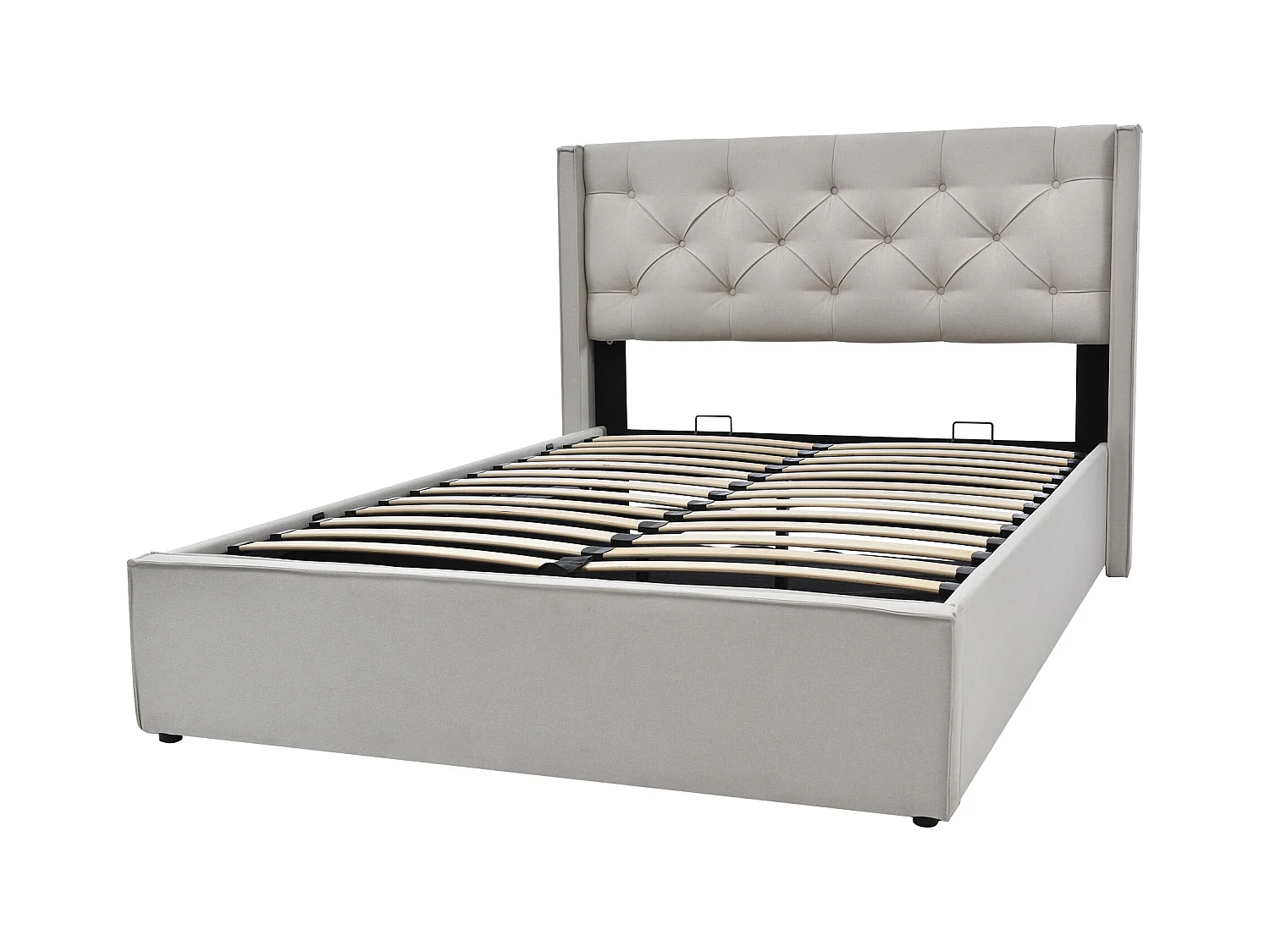 Lit coffre 160x200cm avec sommier à lattes - cadre métalique et lattes en bois - coton - gris clair (sans matelas)