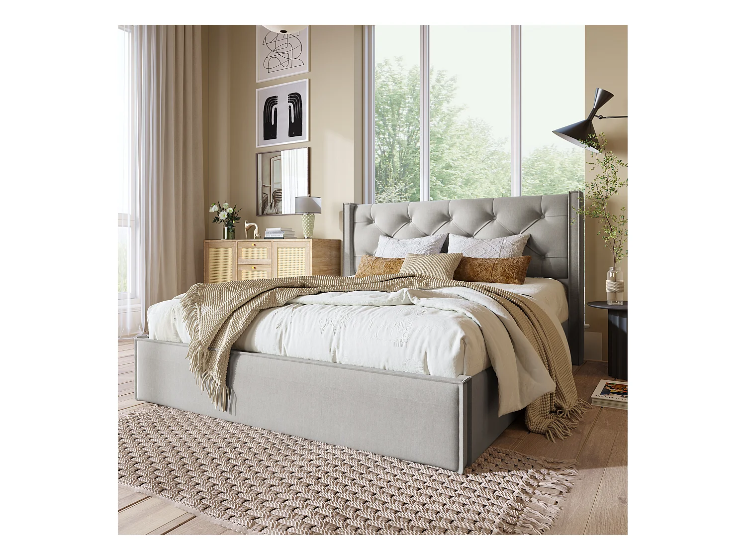 Lit coffre 160x200cm avec sommier à lattes - cadre métalique et lattes en bois - coton - gris clair (sans matelas)