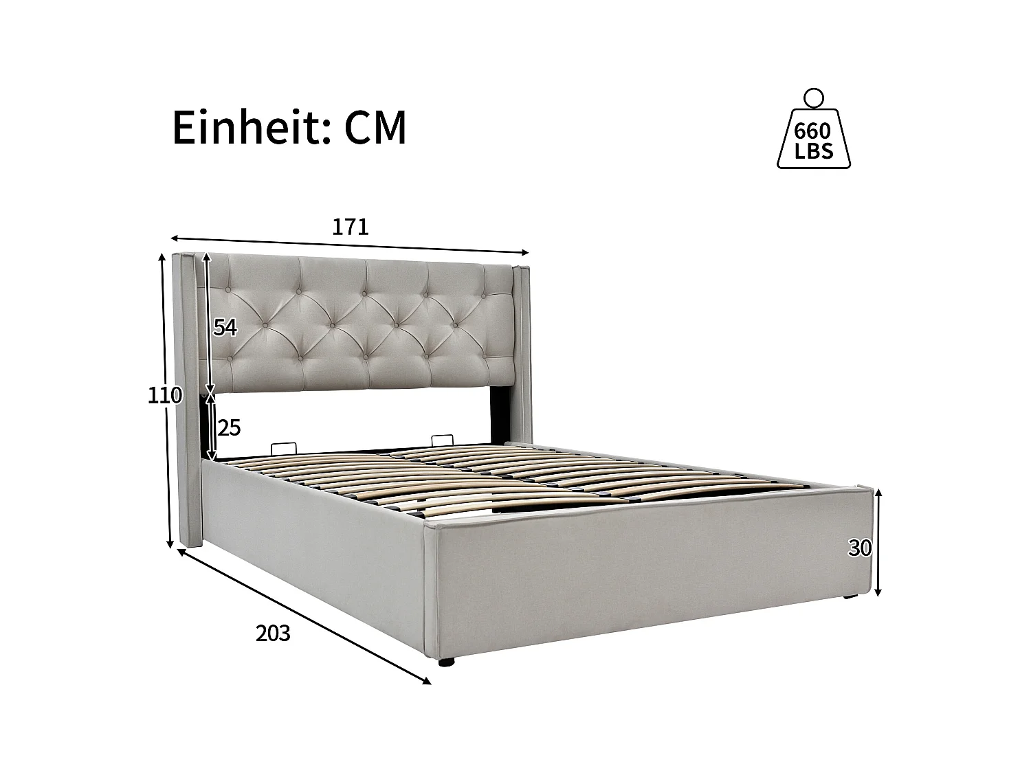 Lit coffre 160x200cm avec sommier à lattes - cadre métalique et lattes en bois - coton - gris clair (sans matelas)