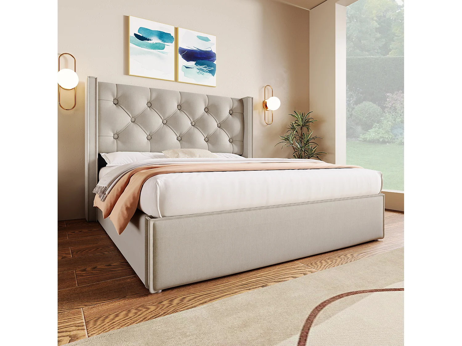 Lit coffre 160x200 cm avec tête de lit capitonnée et sommier relevable rangement, coton, gris clair (Sans matelas)