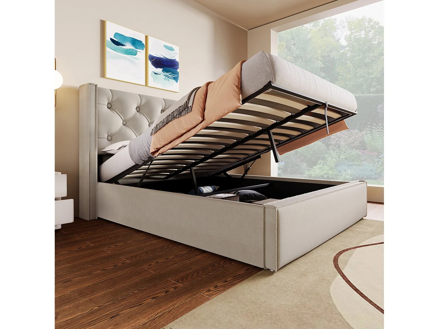 Lit coffre 160x200 cm avec tête de lit capitonnée et sommier relevable rangement, coton, gris clair (Sans matelas)