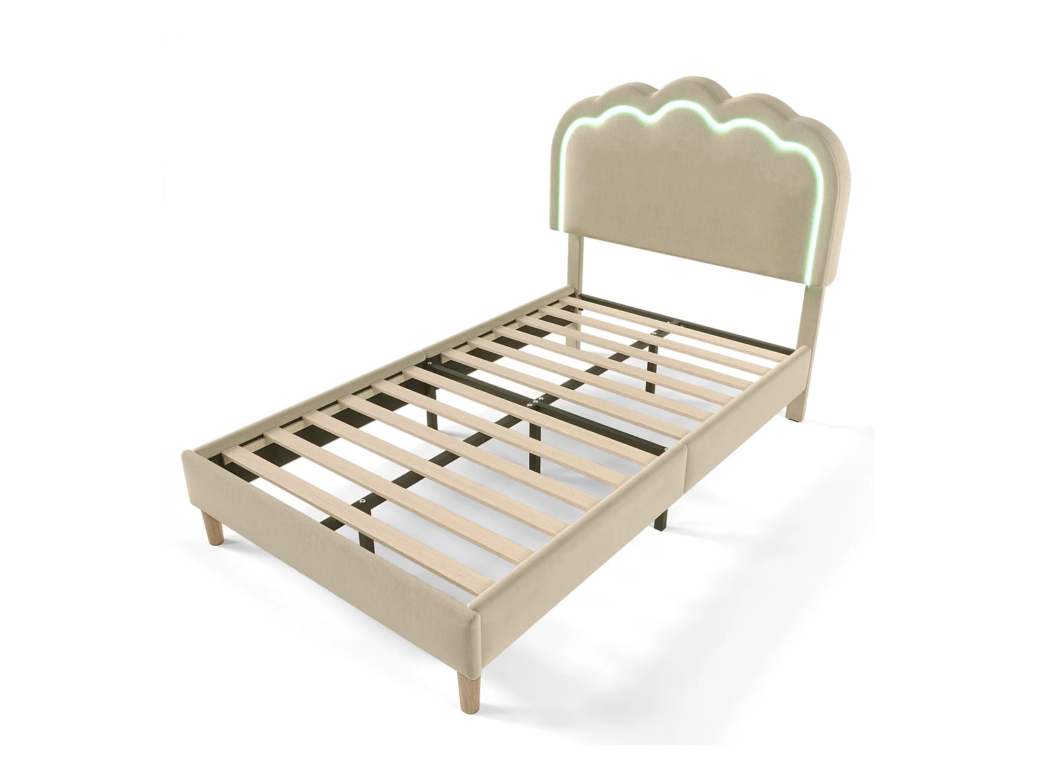 Lit enfant 90x200cm avec sommier - tête de lit réglable à LED - cadre de lit en bois - velours beige (sans matelas)