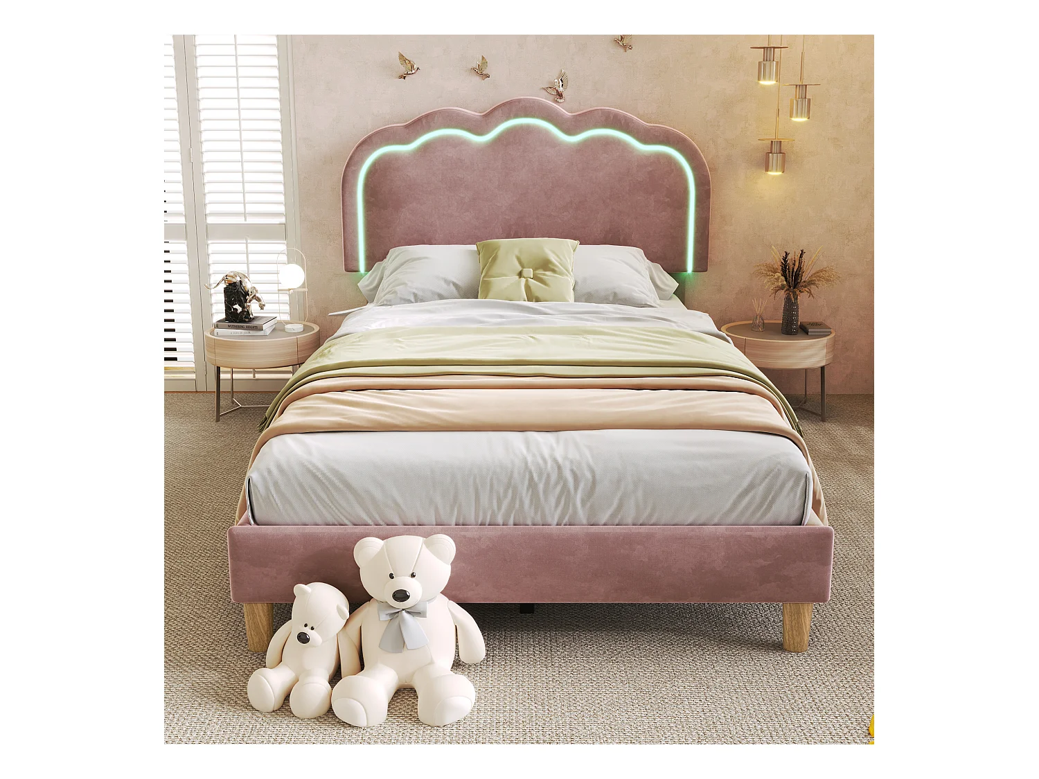 Lit enfant 90x200cm avec sommier - tête de lit réglable à LED - cadre de lit en bois - velours rose (sans matelas)
