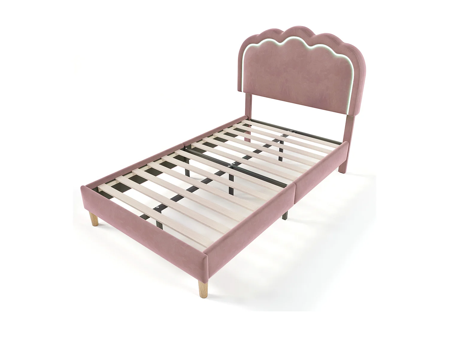 Eenpersoonsbed 90x190 cm met LED-hoofdbord, met verstelbaar hoofdbord, muzikale sfeer, fluweel, roze (zonder matras)