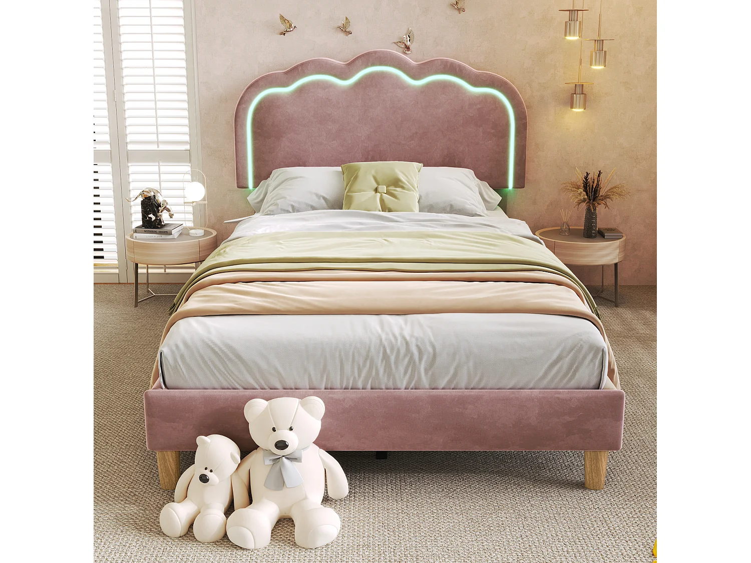 Eenpersoonsbed 90x190 cm met LED-hoofdbord, met verstelbaar hoofdbord, muzikale sfeer, fluweel, roze (zonder matras)