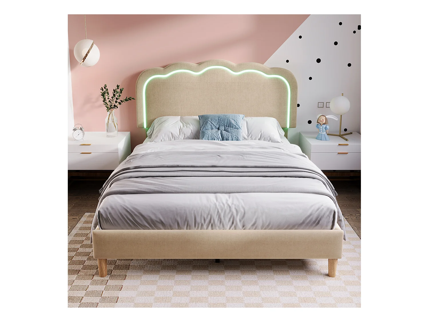 Lit enfant 140x200cm avec sommier - tête de lit réglable à LED - cadre de lit en bois - velours beige (sans matelas)
