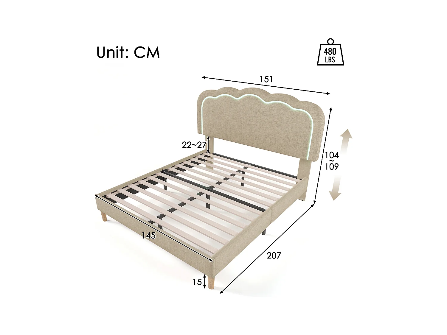 Lit enfant 140x200cm avec sommier - tête de lit réglable à LED - cadre de lit en bois - velours beige (sans matelas)