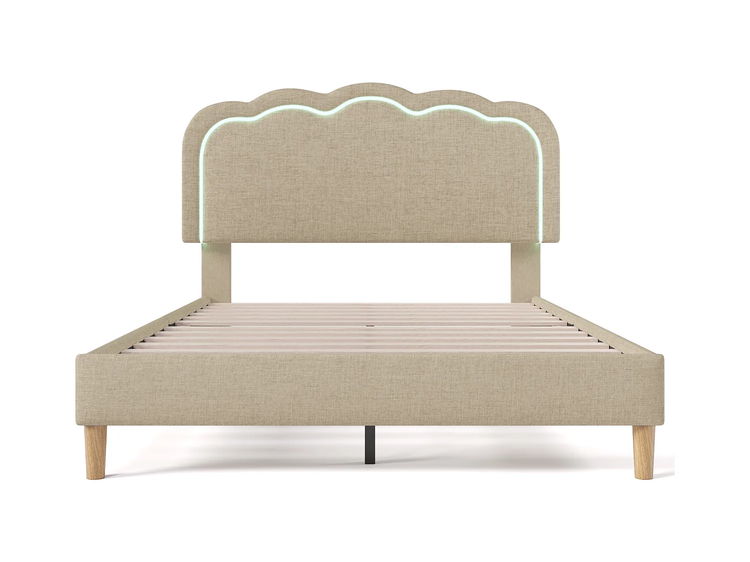 Lit enfant 140x200cm avec sommier - tête de lit réglable à LED - cadre de lit en bois - velours beige (sans matelas)