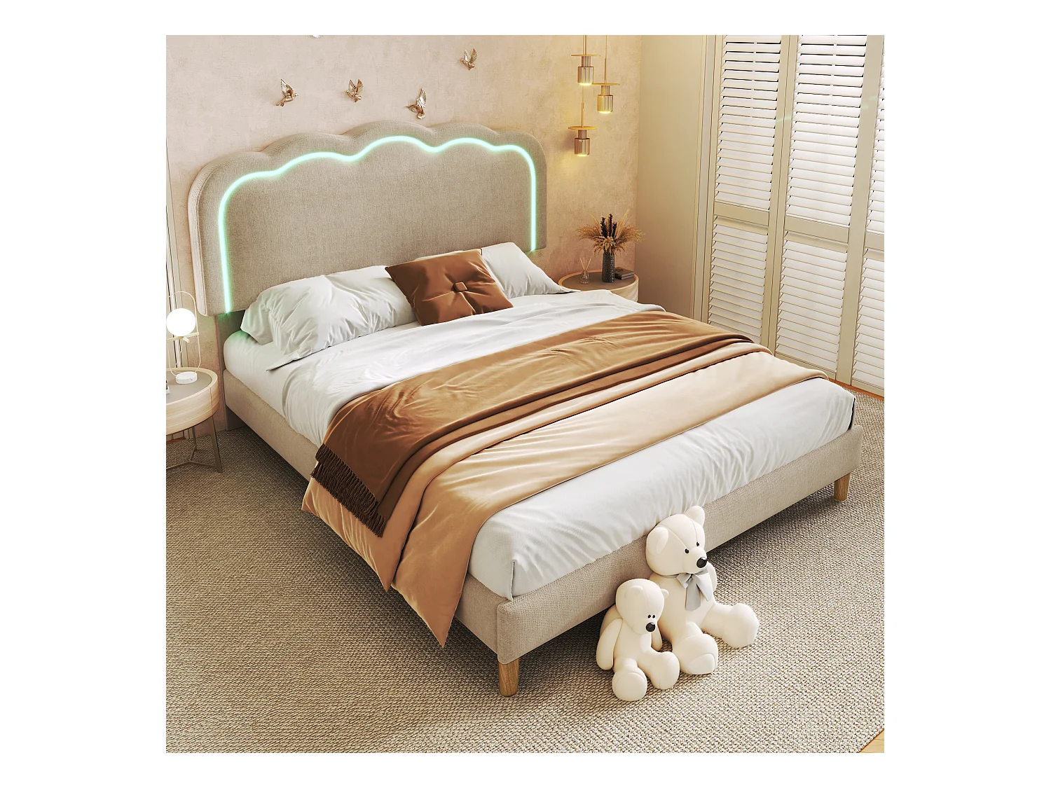 Lit enfant double 140x200cm avec sommier - tête de lit réglable à LED - cadre de lit en bois - velours beige (sans matelas)