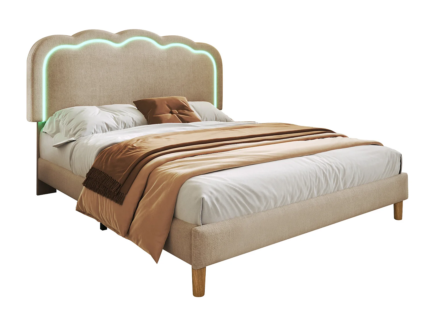 Tweepersoonsbed 140x200 cm met LED-hoofdbord, met lattenbodem, met verstelbaar hoofdbord, linnen, beige (zonder matras)