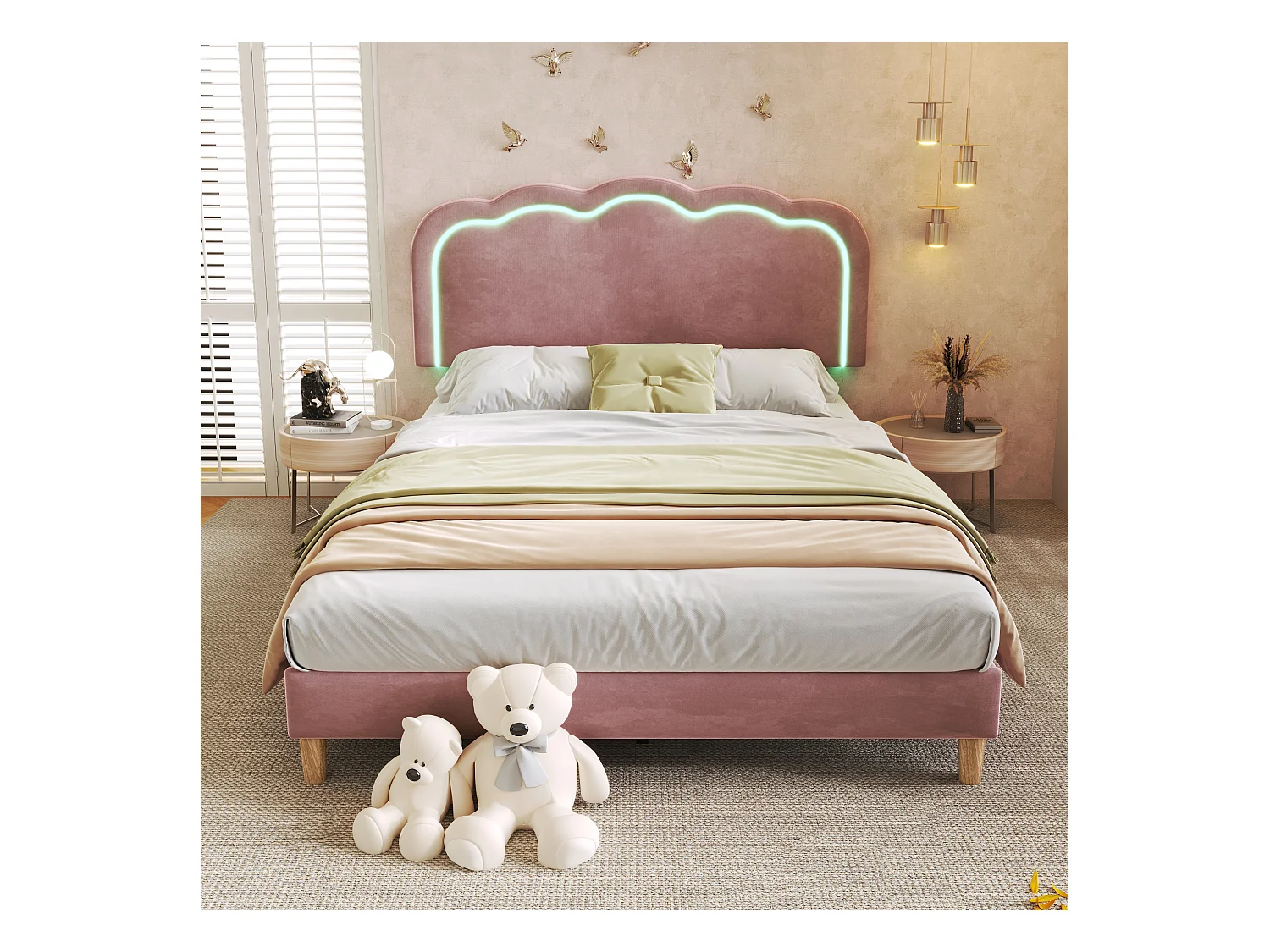 Lit enfant 140x200cm avec sommier - tête de lit réglable à LED - cadre de lit en bois - velours rose (sans matelas)