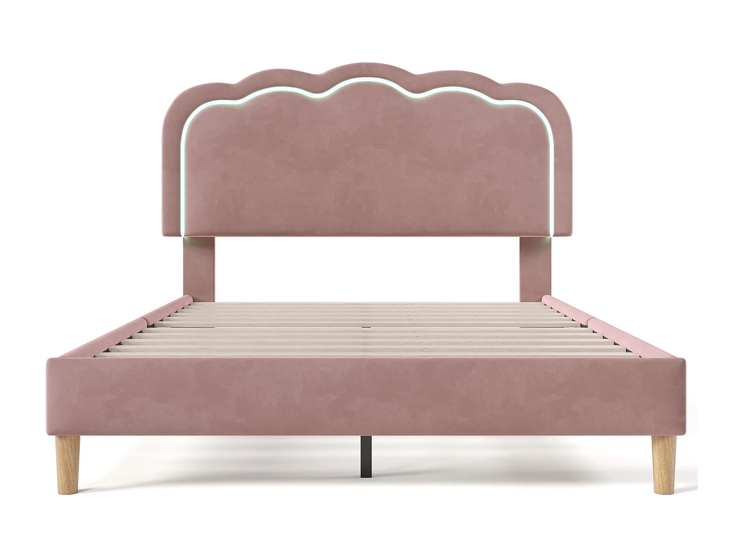 Lit enfant 140x200cm avec sommier - tête de lit réglable à LED - cadre de lit en bois - velours rose (sans matelas)