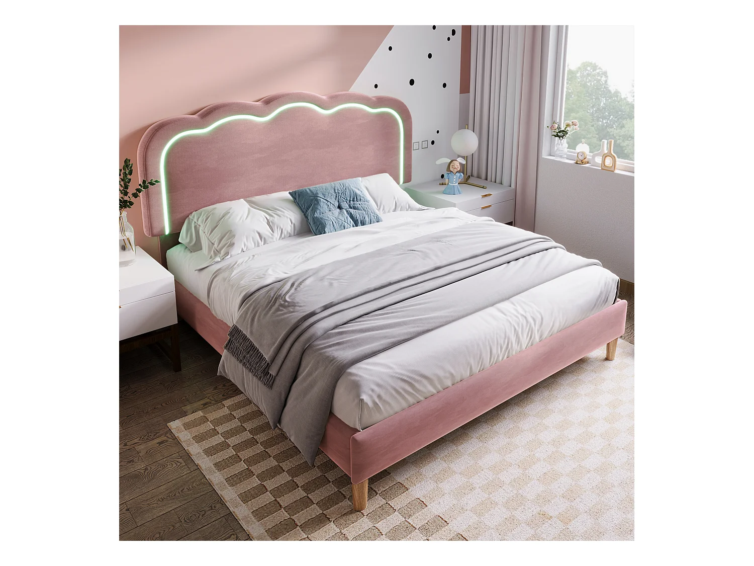 Lit enfant double 140x200cm avec sommier - tête de lit réglable à LED - cadre de lit en bois - velours rose (sans matelas)