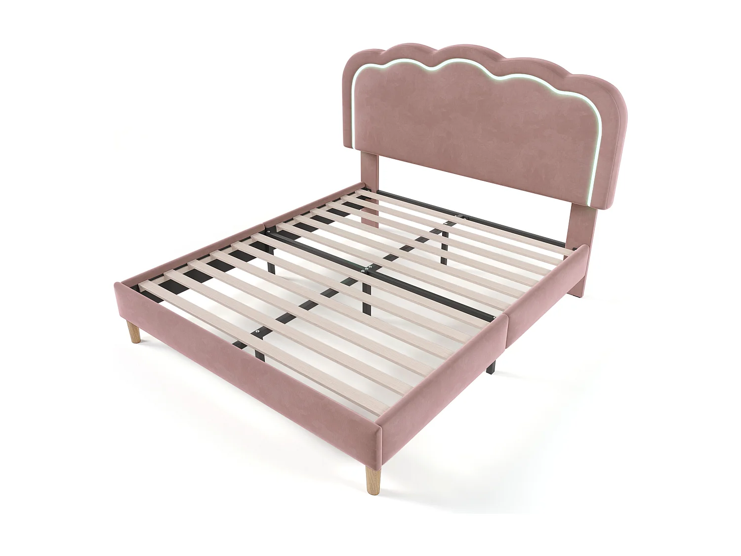 Tweepersoonsbed kinderbed 140x200cm met lattenbodem - verstelbaar LED hoofdbord - houten bedframe - roze fluweel (zonder matras)