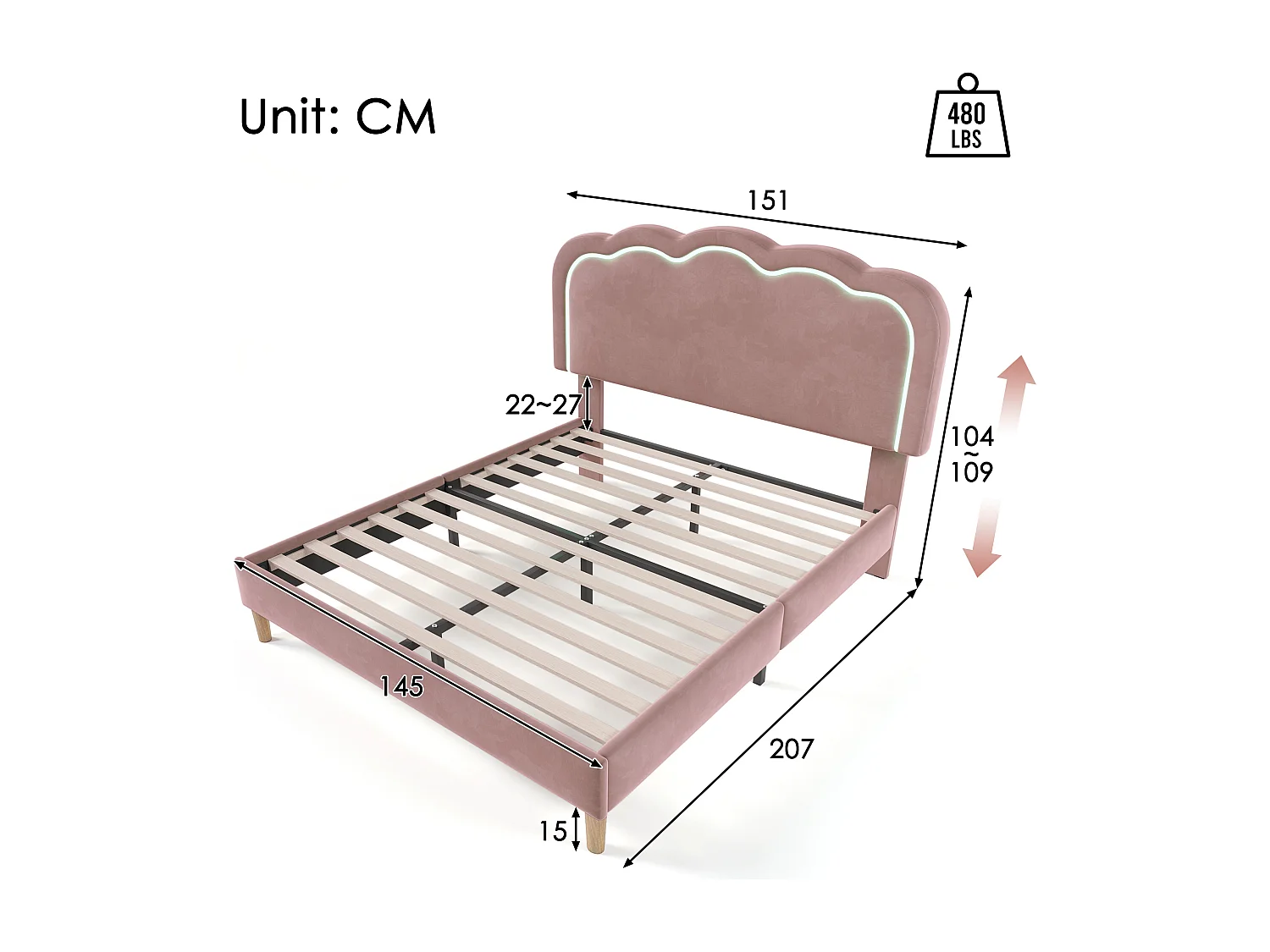 Tweepersoonsbed kinderbed 140x200cm met lattenbodem - verstelbaar LED hoofdbord - houten bedframe - roze fluweel (zonder matras)