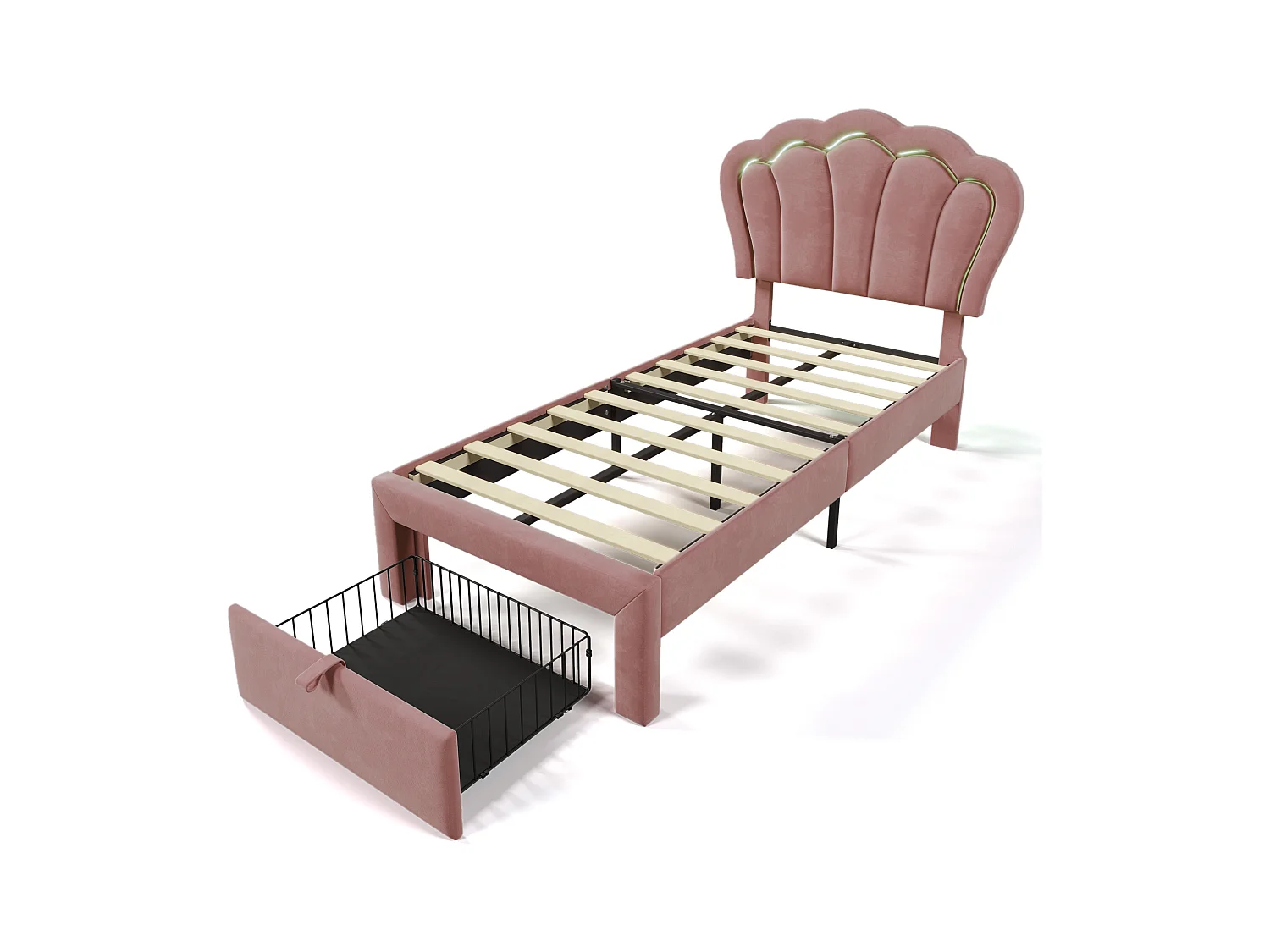 Lit enfant 90x200 cm avec tiroirs - tête de lit réglable avec LED - cadre de lit en métal - velours rose (sans matelas)