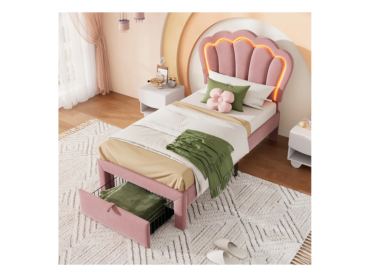 Lit enfant 90x200 cm avec tiroirs - tête de lit réglable avec LED - cadre de lit en métal - velours rose (sans matelas)