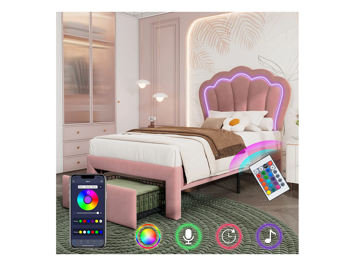 Lit enfant simple 90x200 cm avec tiroirs - tête de lit réglable avec LED - cadre de lit en métal - velours rose (sans matelas)