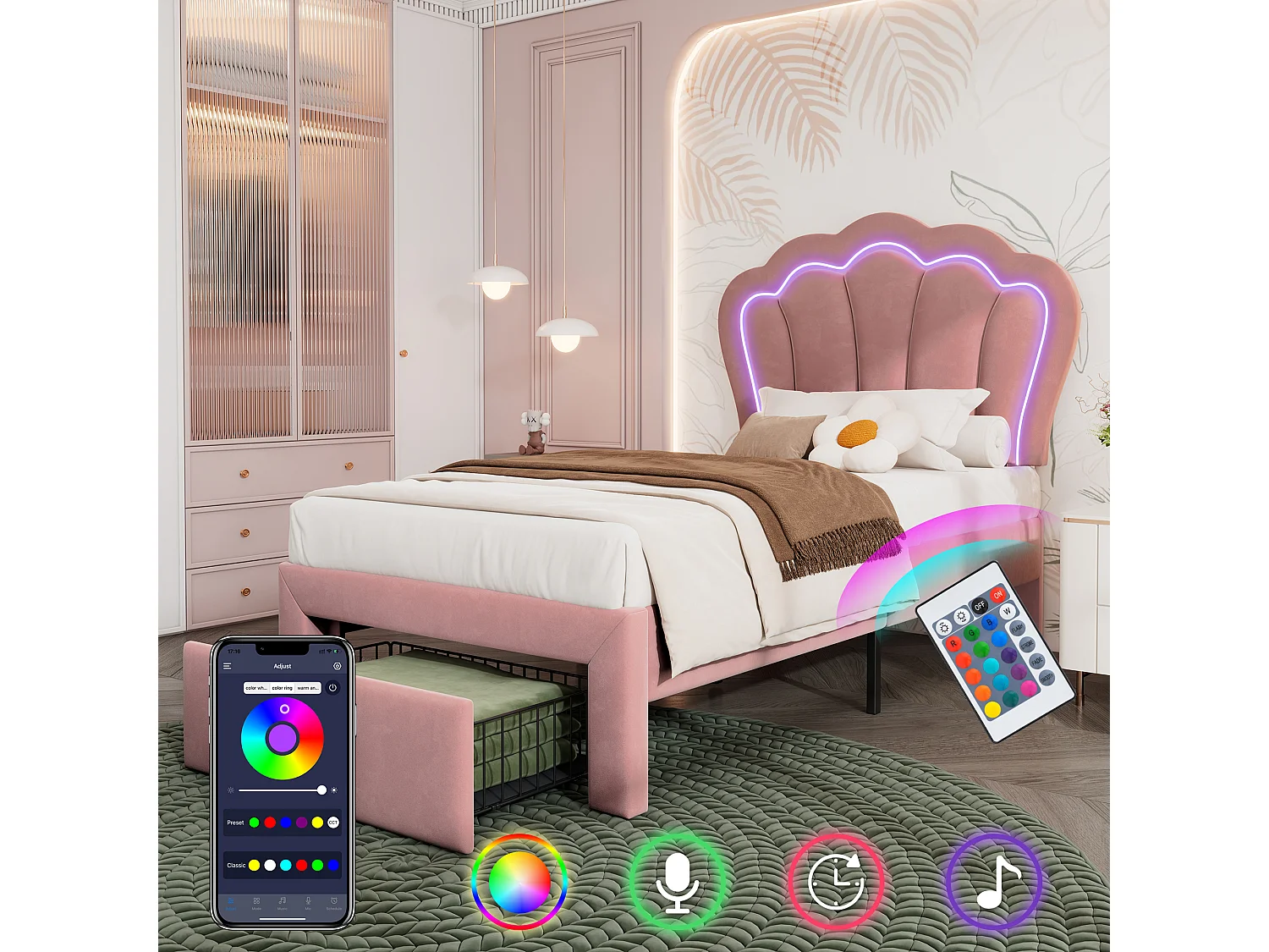 Eenpersoonsbed kinderbed 90x200 cm met lades - verstelbaar hoofdeinde met LED - metalen bedframe - roze fluweel (zonder matras)