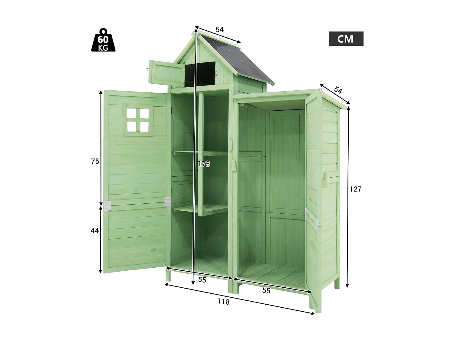 Armoire de jardin 118x54x173 cm en Bois Abri jardin Extérieur- Toit PVC Imperméable - Cabane pour rangement  - Vert