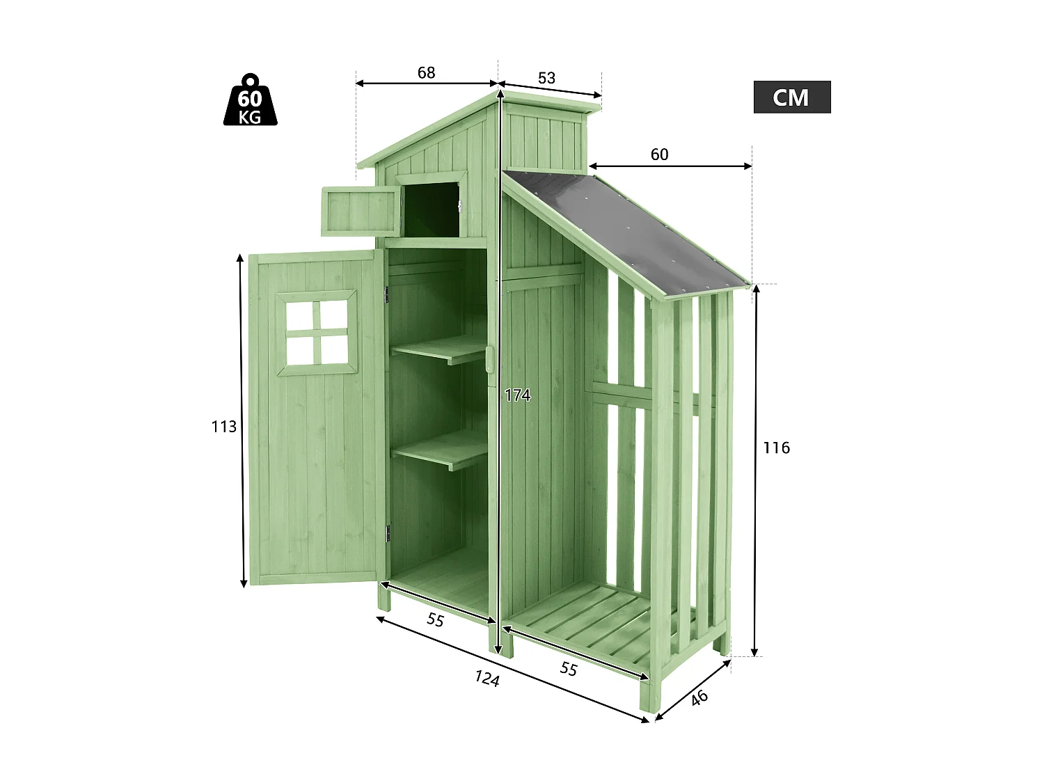 Armoire de jardin 124x46x174 cm extérieur Abri jardin en Bois - Toit PVC Imperméable - cabane pour rangement  - Vert