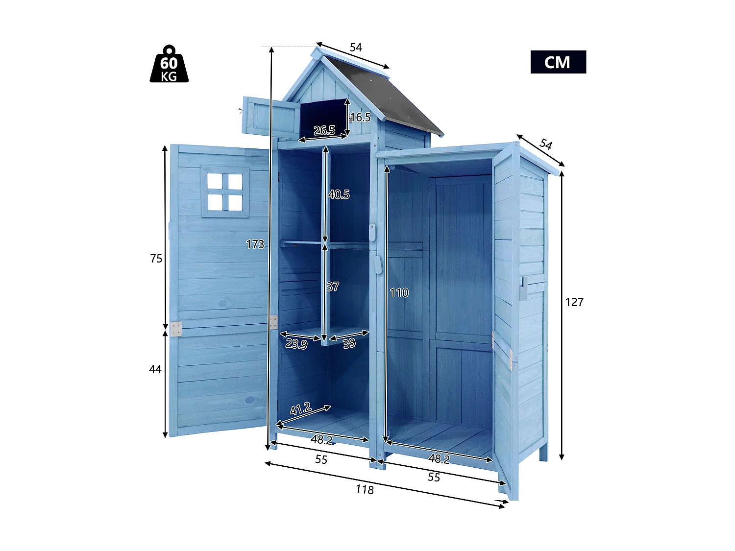 Armoire de jardin 118x54x173 cm en bois abri jardin extérieur- toit PVC imperméable - cabane pour rangement - Bleu