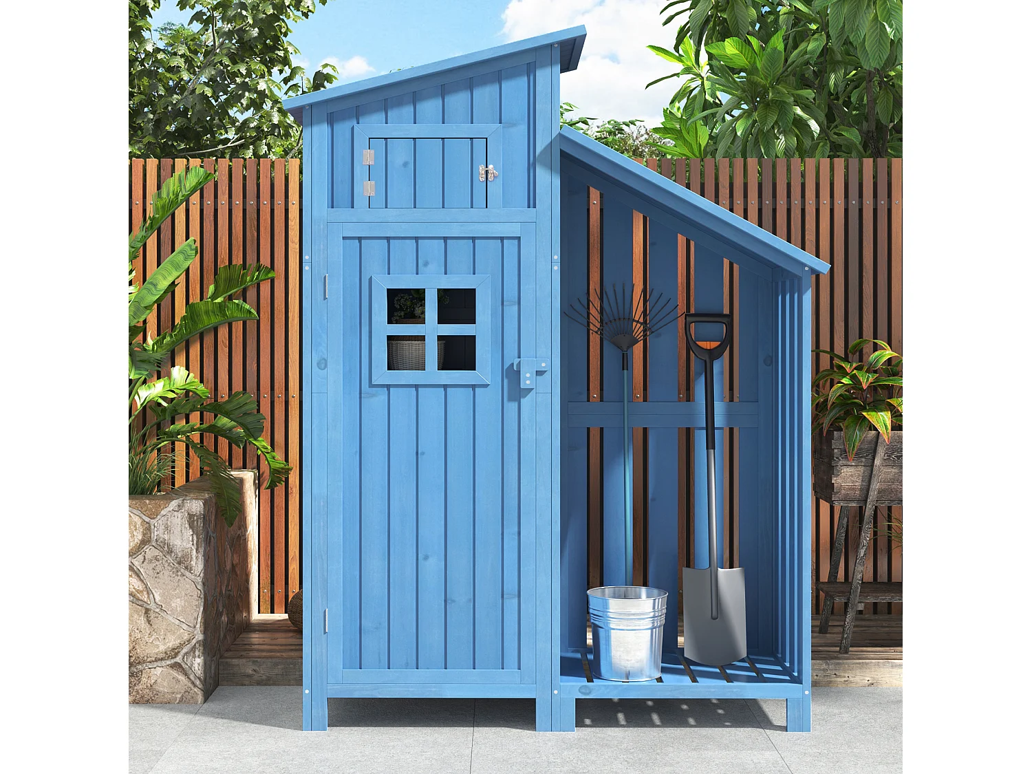 Tuinhuis van hout - Waterdicht PVC-dak - Opbergkast 124x46x174 cm - Blauw