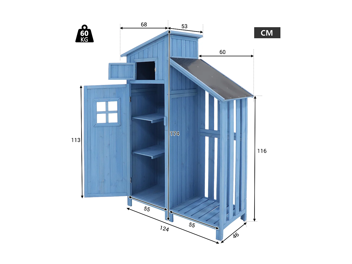Armoire de jardin 124x46x174 cm extérieur abri jardin en bois - toit PVC Imperméable - cabane pour rangement - Bleu