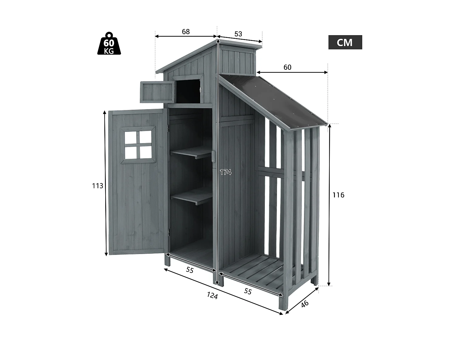 Armoire de jardin 124x46x174 cm extérieur abri jardin en Bois - Toit PVC imperméable - cabane pour rangement - gris