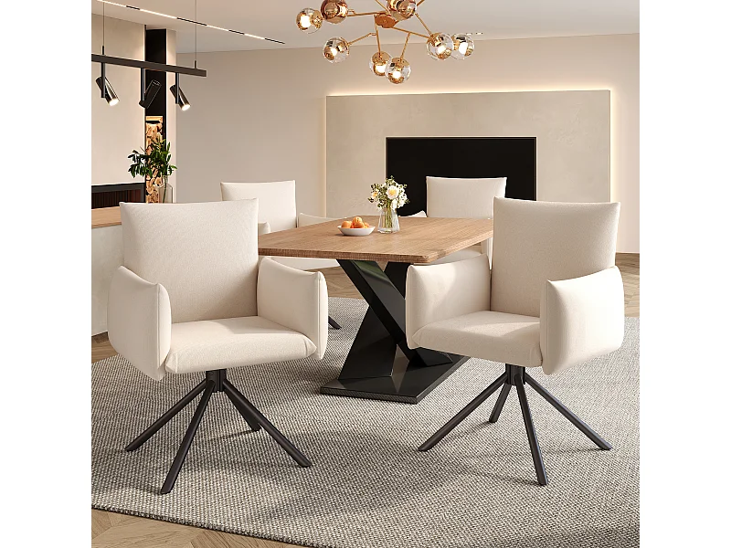 Set van 4 eetkamerstoelen - 60 x 60 x 88 cm - gestoffeerde stoelen - 360° draaibaar - linnen - beige