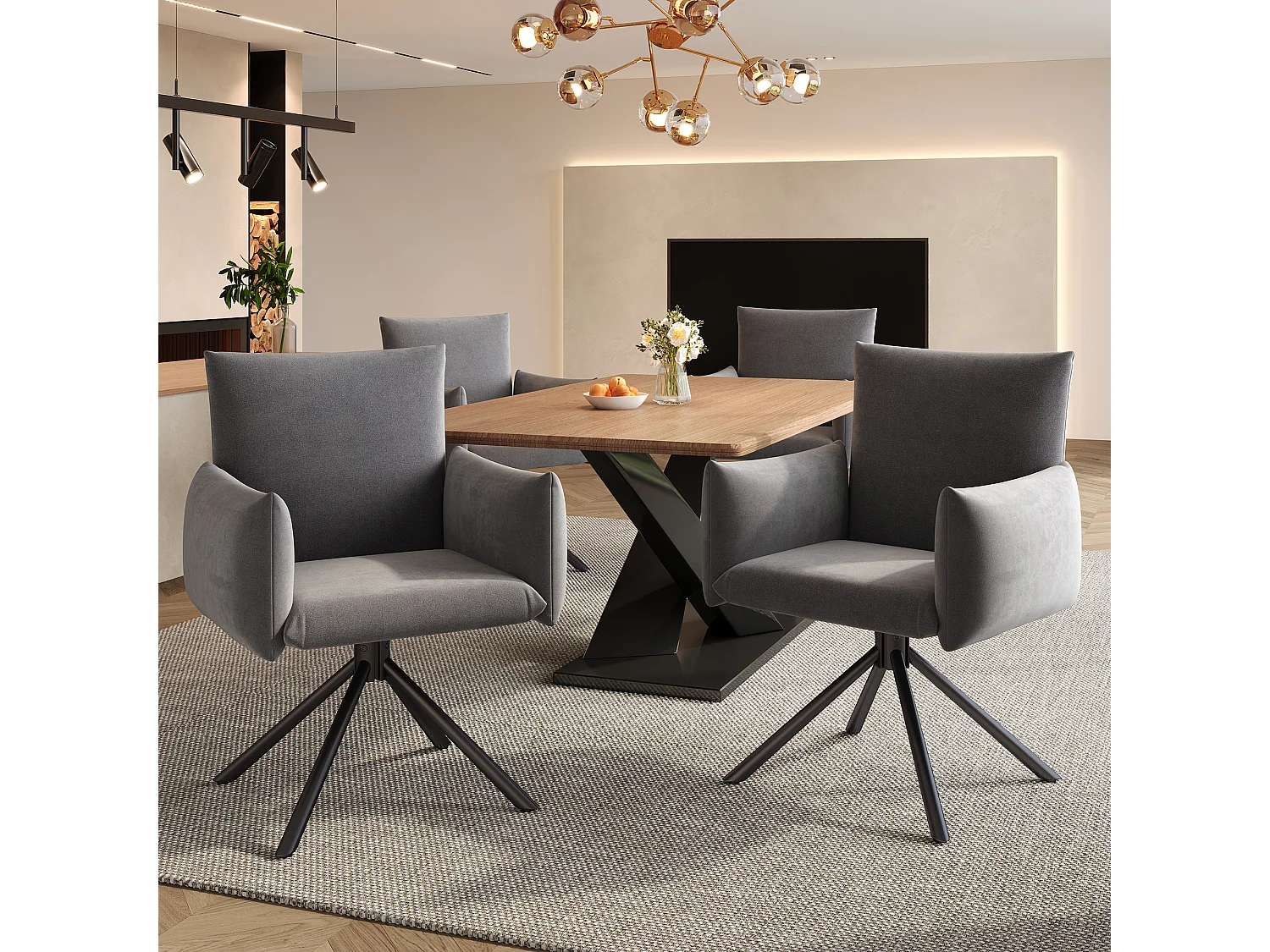 Lot de 4 chaises de salle à manger - 60 x 60 x 88 cm - chaises rembourré - pivotante à 360 ° - velours - gris