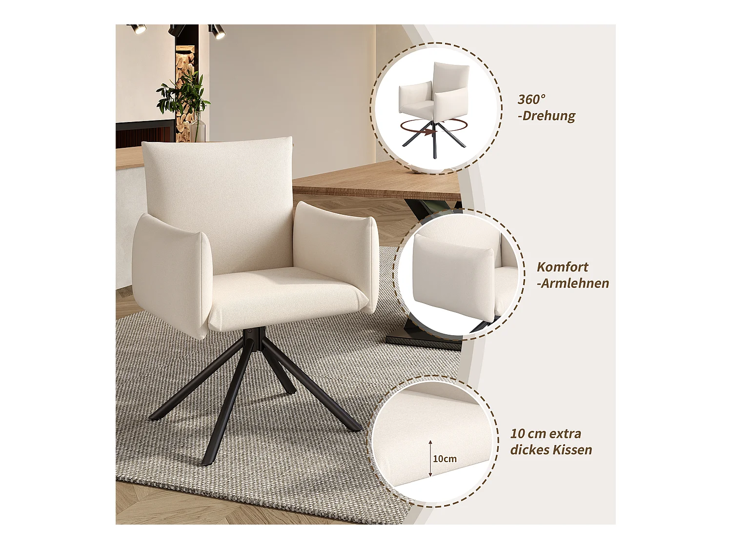 Lot de 2 chaises de salle à manger - 60 x 60 x 88 cm - chaises rembourré - pivotante à 360 ° - lin - beige