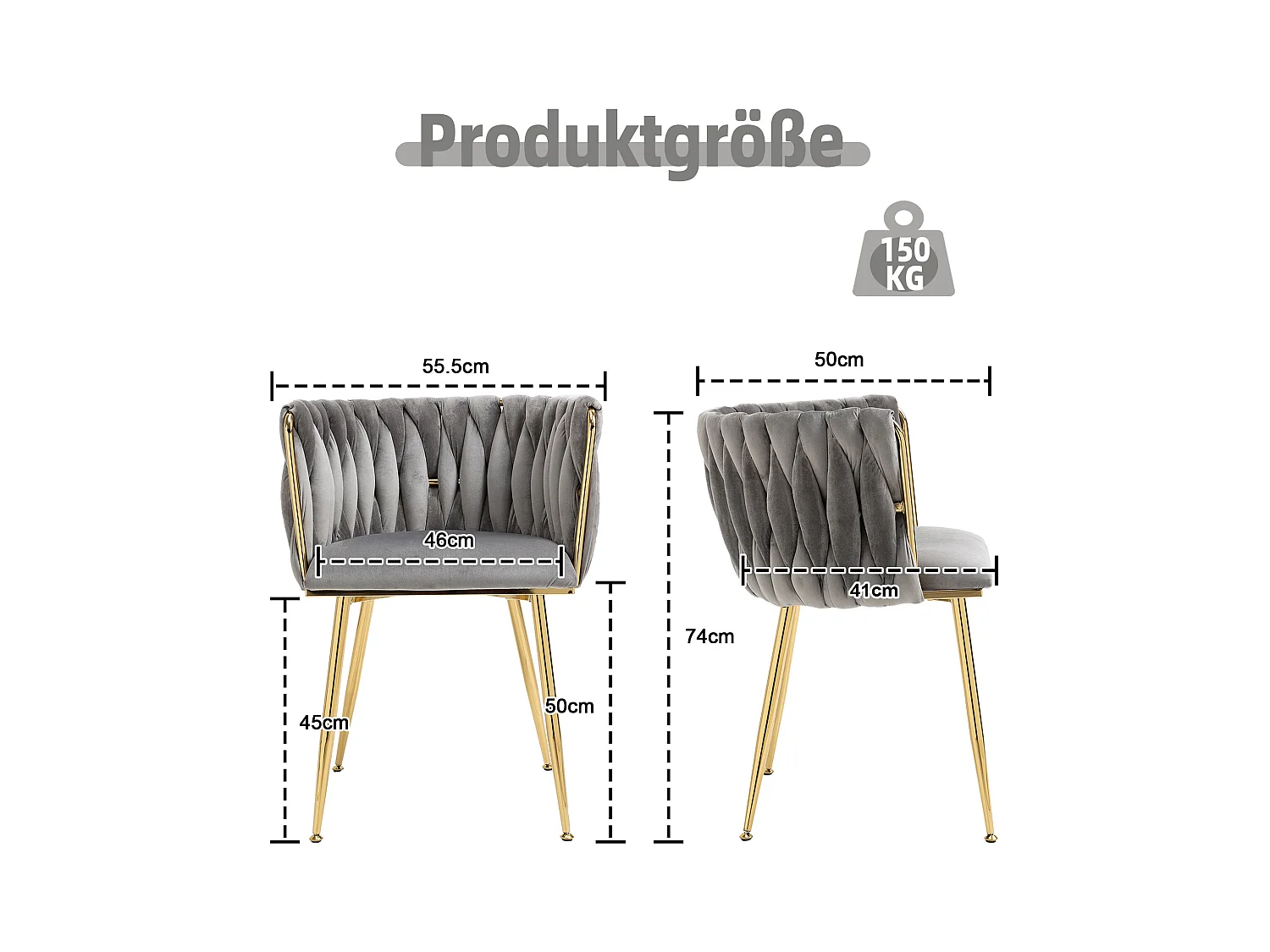 Lot de 2 chaises de salle à manger - 55.5 x 50 x 74 cm - pieds métal doré + coussins moelleux - velours - gris